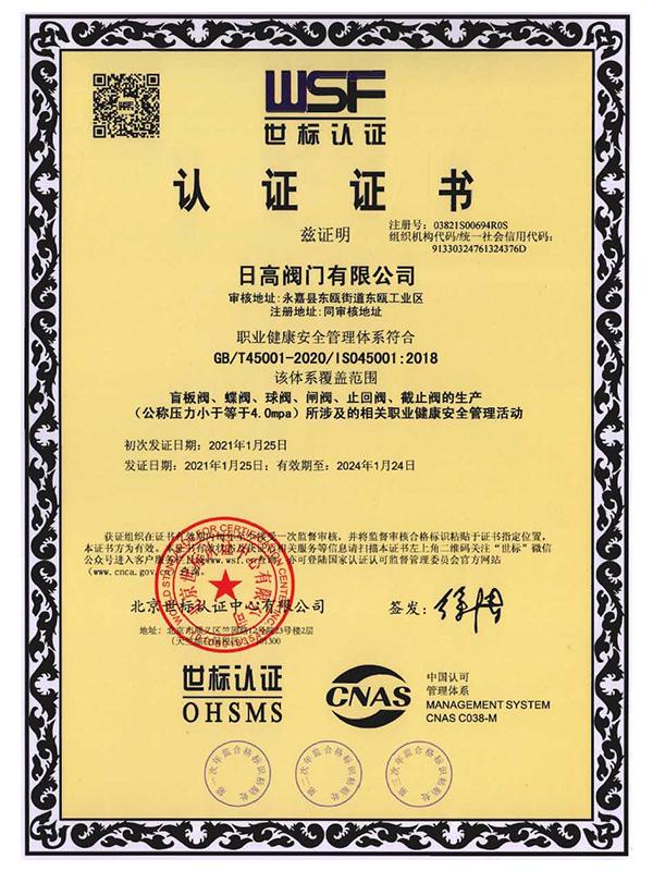 ISO45001認證證書